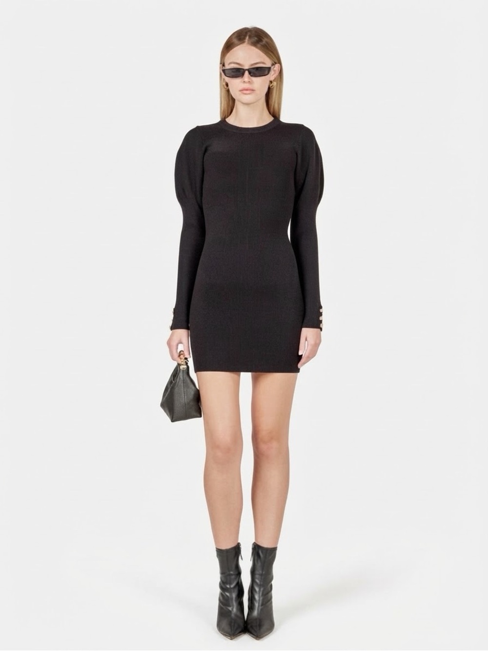 Anthropologie, Puff Sleeve Black Long-Sleeve Knit Mini Dress, Black, L